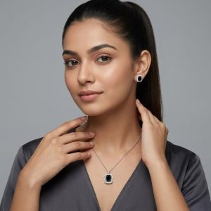 Navrabeads Black CZ Stone Necklace with Tarnish-Free Silver Polish Chain for Women & Girls | Trendy Minimal Fashion Jewellery for Daily Wear & Gifting