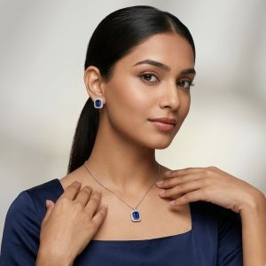 Navrabeads Dark Blue CZ Stone Necklace with Tarnish-Free Silver Polish Chain for Women & Girls | Trendy Minimal Fashion Jewellery for Daily Wear & Gifting