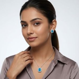 Navrabeads Sky Blue CZ Stone Necklace with Tarnish-Free Silver Polish Chain for Women & Girls | Trendy Minimal Fashion Jewellery for Daily Wear & Gifting