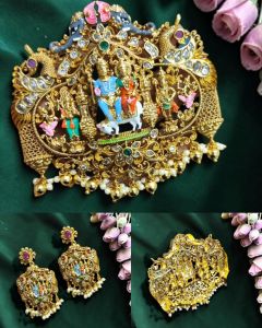 Antique Gold with Enamel Finish Lord Shiva Parvathi Pendant Set with Earrings, Traditional Temple Jewellery, Ethnic Bridal & Festive Wear Jewellery for Women