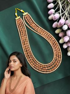 Quartz and Shell Pearl Multi Layer Necklace for Women, Elegant Peach Beaded Statement Jewellery, Long Necklace for Festive, Party & Ethnic Wear