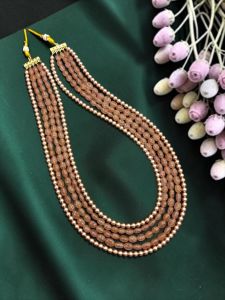 Navrabeads Strawberry Quartz & Swarovski Replica Pearl 5 Layer Necklace for Women | Traditional & Western Fashion Jewellery with Rope Finish