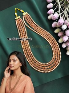Navrabeads Strawberry Quartz & Swarovski Replica Pearl 5 Layer Necklace for Women | Traditional & Western Fashion Jewellery with Rope Finish