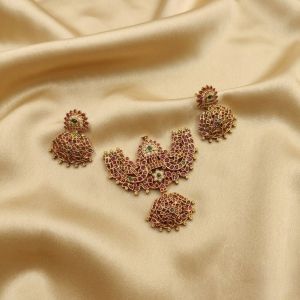 Matt Finish Navratna Colour Pendant Set with Stud Earrings, Traditional Ethnic Jewellery, Elegant Festive, Wedding & Party Wear Jewellery for Women