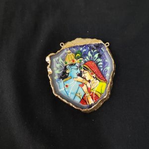 Navrabeads Onyx Stone Radha Krishna Pendant with Gold Foil Borders – Approx. 1 Piece for Jewellery Making