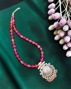 Pink Agate Necklace with Metal Pendant, 20 Inch Elegant Beaded Statement Jewellery for Women