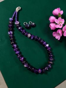 Onyx Rondelle Necklace with Zircon Clasp and Matching Earrings, 18 Inch