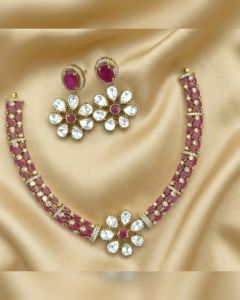 Premium Moissanite Diamond Floral Necklace Set with Ruby Stones & Matching Earrings for Women – Bridal Wedding, Party Wear & Luxury Gift Jewellery