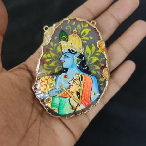 Navrabeads Onyx Stone Radha Krishna Pendant with Gold Foil Borders – Approx. 1 Piece for Jewellery Making