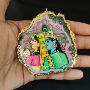 Navrabeads Onyx Stone Radha Krishna Pendant with Gold Foil Borders – Approx. 1 Piece for Jewellery Making