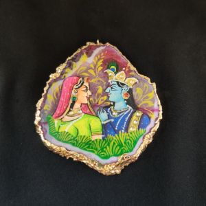 Navrabeads Onyx Stone Radha Krishna Pendant with Gold Foil Borders – Approx. 1 Piece for Jewellery Making