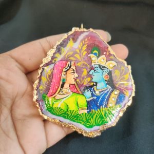Navrabeads Onyx Stone Radha Krishna Pendant with Gold Foil Borders – Approx. 1 Piece for Jewellery Making