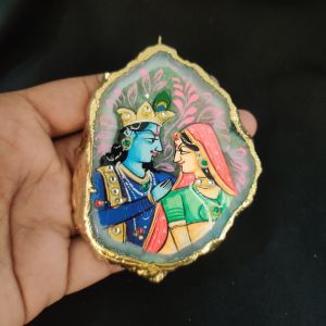 Navrabeads Onyx Stone Radha Krishna Pendant with Gold Foil Borders – Approx. 1 Piece for Jewellery Making