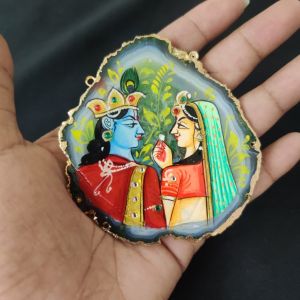 Navrabeads Onyx Stone Radha Krishna Pendant with Gold Foil Borders – Approx. 1 Piece for Jewellery Making