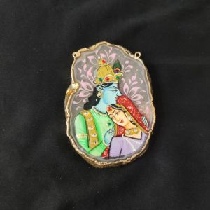 Navrabeads Onyx Stone Radha Krishna Pendant with Gold Foil Borders – Approx. 1 Piece for Jewellery Making