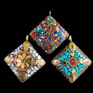 Navrabeads Tibetan Diamond Pendant Assorted Pack of 3 – Antique Gold Tone Brass Pendants | Tribal Boho Jewellery Making Supplies