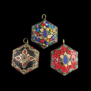 Navrabeads Tibetan Hexagon Pendant Assorted Pack of 3 – Antique Gold Tone Brass Tribal Boho Jewellery Making Pendants