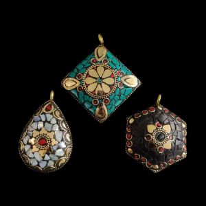 Navrabeads Tibetan Pendants Assorted Pack of 3 – Teardrop, Hexagon & Diamond Shapes | Antique Gold Tone Brass Tribal Boho Jewellery Making Pendants