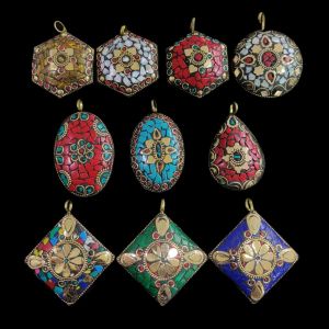 Navrabeads Tibetan Pendants Assorted Pack of 10 – Teardrop, Hexagon, Diamond, Round & Oval Shapes | Antique Gold Tone Brass Tribal Boho Jewellery Making Pendants