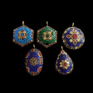 Navrabeads Tibetan Pendants Assorted Pack of 5 – Teardrop, Round, Oval & Hexagon Shapes | Antique Gold Tone Brass Tribal Boho Jewellery Making Pendants