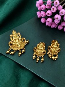 Navrabeads Premium Quality Small Antique Gold Lakshmi Pendant Set with Matching Earrings | Traditional Temple Jewellery for Women