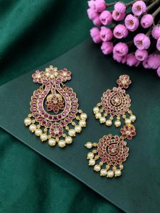 Navrabeads Antique Gold Finish Ruby Pink Pendant Set with Matching Earrings | Traditional Ethnic Jewellery for Women