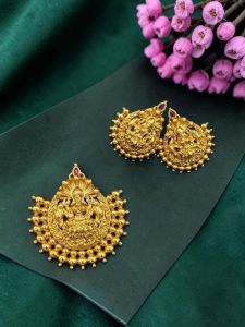 Navrabeads Matte Finish Lakshmi Pendant Set with Matching Earrings – Traditional Temple Jewellery for Women | Ethnic Gold Finish Jewellery
