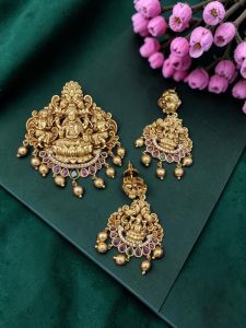 Navrabeads Antique Gold Lakshmi Pendant Set with Matching Earrings – Pink & Green Stone | Traditional Temple Jewellery for Women | South Indian Ethnic Jewellery