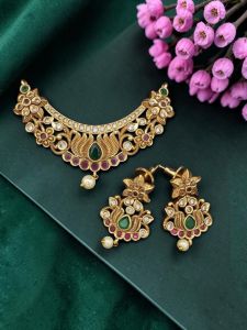 Navrabeads Antique Gold Lotus CZ Stone Pendant Set with Matching Earrings – Pink & Green | Traditional Temple Jewellery for Women