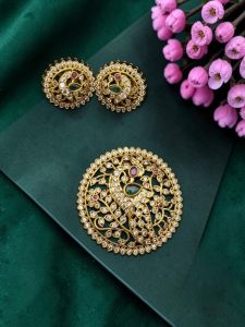 Navrabeads Antique Gold Peacock Pendant Set with Matching Earrings – White CZ, Pink & Green Stones | Traditional Temple Jewellery for Women