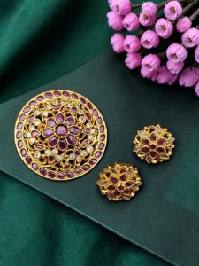 Navrabeads Antique Gold Flower Pendant Set with Matching Earrings – Ruby Pink Stone | Traditional Ethnic Jewellery for Women