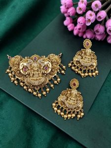 Navrabeads Antique Gold Lakshmi Temple Pendant Set with Matching Earrings – Ruby Pink CZ Stone | Traditional South Indian Jewellery
