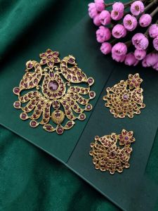Navrabeads Antique Gold Finish Ruby Pink Peacock & Lotus Pendant Set with Matching Earrings | Traditional Temple Jewellery for Women