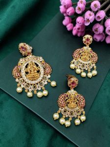 Navrabeads Antique Gold Finish Lakshmi Pendant Set with White Stones & Ruby Pink Peacock Motif Matching Earrings | Traditional South Indian Temple Jewellery