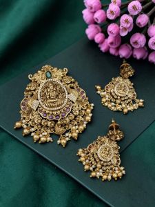 Navrabeads Antique Gold Finish Lakshmi Pendant Set with Matching Earrings | Traditional Temple Jewellery for Women | South Indian Ethnic Jeweller
