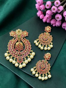 Navrabeads Antique Gold Finish Ruby Pink with Green Pendant Set with Matching Earrings | Traditional Ethnic Jewellery for Women