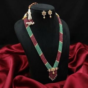 Navrabeads Ruby Pink & Green CZ Beads Necklace with Polki Pendant & Matching Earrings – 18 Inch Rope Finish | Traditional Beaded Jewellery for Women