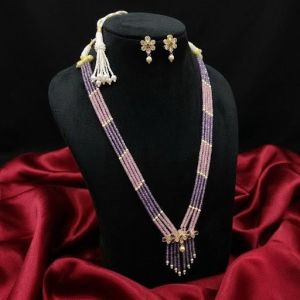 Navrabeads Lavender & Baby Pink CZ Beads Necklace with Polki Pendant & Matching Earrings – 18 Inch Rope Finish | Traditional Beaded Jewellery for Women