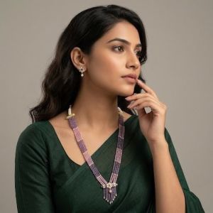 Navrabeads Lavender & Baby Pink CZ Beads Necklace with Polki Pendant & Matching Earrings – 18 Inch Rope Finish | Traditional Beaded Jewellery for Women