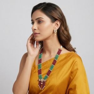 Navrabeads Ruby Pink & Green CZ Beads Necklace with Polki Pendant & Matching Earrings – 18 Inch Rope Finish | Traditional Beaded Jewellery for Women
