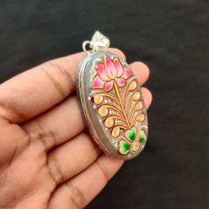 Navrabeads Premium Silver Finish Tanjore Pendant | Professional Quality Brass Base with Onyx Stone | Traditional Jewellery Making Pendant