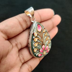 Navrabeads Premium Silver Finish Tanjore Pendant | Professional Quality Brass Base with Onyx Stone | Traditional Jewellery Making Pendant