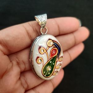 Navrabeads Premium Silver Finish Tanjore Pendant | Professional Quality Brass Base with Onyx Stone | Traditional Jewellery Making Pendant