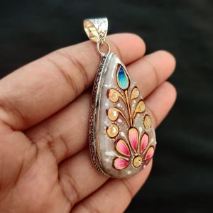 Navrabeads Premium Silver Finish Tanjore Pendant | Professional Quality Brass Base with Onyx Stone | Traditional Jewellery Making Pendant