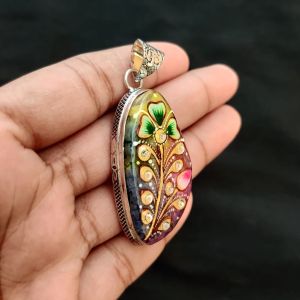 Navrabeads Premium Silver Finish Tanjore Pendant | Professional Quality Brass Base with Onyx Stone | Traditional Jewellery Making Pendant