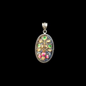Navrabeads Premium Silver Finish Tanjore Pendant | Professional Quality Brass Base with Onyx Stone | Traditional Jewellery Making Pendant