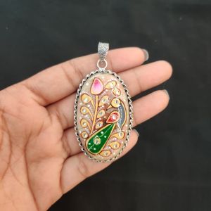 Navrabeads Premium Silver Finish Tanjore Pendant | Professional Quality Brass Base with Onyx Stone | Traditional Jewellery Making Pendant