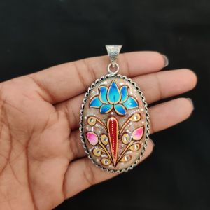 Navrabeads Premium Silver Finish Tanjore Pendant | Professional Quality Brass Base with Onyx Stone | Traditional Jewellery Making Pendant