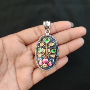 Navrabeads Premium Silver Finish Tanjore Pendant | Professional Quality Brass Base with Onyx Stone | Traditional Jewellery Making Pendant