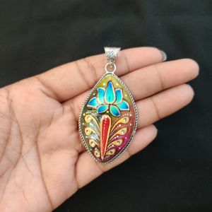 Navrabeads Premium Silver Finish Tanjore Pendant | Professional Quality Brass Base with Onyx Stone | Traditional Jewellery Making Pendant
